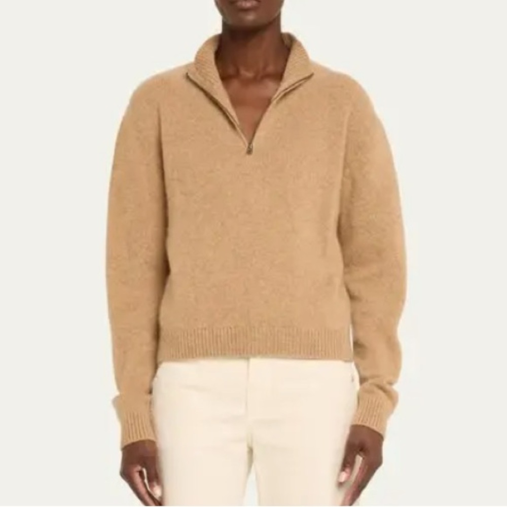 The Elder Statesman Mock-Neck Half-Zip Cashmere Sweater in Camel NWT